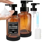 Maxumille 2 STK Seifenspender Schaum Glas Braun, 400ml Schaumseifenspender mit Ersatzpumpenkopf, Rutschfester Handseifenspender mit Wasserfesten Etiketten, Nachfüllbarer Glasschaum-Pumpseifenspender