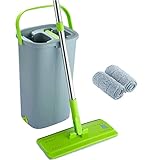 EasyGleam Mop and Bucket Set - Two-Chamber Cleaning Bucket for Wet and Dry Use - Reusable Microfibre Flat Mop with Stainless Steel Handle - 23x19x39 cm Floor Mop and Bucket Set for All Types of Floor