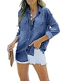 Feziakuk Damen Jeanshemd Button Down Jeansbluse Langarm Weich Denim Hemd Casual Jeansjacke Frühling Herbst Oberteile mit Brusttaschen, Blau L