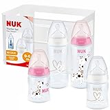 NUK First Choice+ Babyflaschen Starter Set | 0–6 Monate | 4 Flaschen mit Temperature Control & Flaschenbox | Anti-Colic Air System | BPA-frei | 5-teilig | rosa