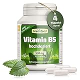 Vitamin B5, extra hochdosiert, 500mg - 120 Kapseln, vegan. Pantothensäure - unterstützt die kognitive Funktion & Energiestoffwechsel. OHNE künstliche Zusätze - laborgeprüft. Von Greenfood.