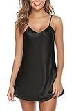 Lovasy Satin Nachthemd Damen Negligee Sexy Schwarz kurzes Chemise Spaghettiträger Babydoll V Ausschnitt Nachtwäsche Nachtwäsche Unterkleid Nachtkleid,Schwarz,L