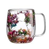 Amesor Getrocknete Blumen Glas Teetasse, Isolierte Kaffeetassen Aus Glas Mit Henkel, Doppelwandige Glasbecher, Für Latte, Cappuccino, Macchiato, Milch, Kaffee, Saft, Heiße Oder Kalte Getränke