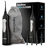 Aquasonic Aqua Flosser – Professionelle wiederaufladbare Munddusche mit 4 Spitzen – Munddusche mit 3 Modi – Tragbare und kabellose Flosser – Kinder und Zahnspangen – Von Zahnärzten empfohlen, Schwarz