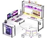 ODK Eckschreibtisch Weiß mit Stall, Reversibel Gaming Tish L Form mit LED, Computertisch mit USB-Ladeanschluss&Steckdose, Gaming Schreibtisch für das Heimbüro, 150×120 cm