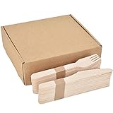 Linkbro Holzbesteck 200 Stücke Einwegbesteck Set, Umweltfreundliches und Kompostierbares Partygeschirr für Party Geburtstag Camping und Picknick - 100 Holzgabeln, 100 Holzmesser，ca. 16 cm lang