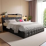 Polsterbett 140x200 cm, Doppelbett mit Hydraulischem Stauraum, Stauraumbett mit LED & USB Ladefunktion, Funktionsbett Bettgestell mit Stauraum-Kopfteil und Lattenrost, PU, Schwarz (Schwarz, 140*200)