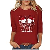 KOG Weihnachtspullover Damen 3/4 Arm Shirts Weihnachtskleidung Weihnachtskostüm Mode 3/4-Ärmeln Weihnachtsshirt Blusen Baumwolle Tunika Longbluse Casual Shirt Sweatshirt Bekleidung Rot 3XL