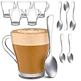 Cosumy 6 Cappuccino Gläser mit Henkel und Löffel - 250ml - Hält lange warm - Ideale Größe für Kaffeevollautomaten - Spülmaschinenfest