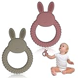 Firtink 2 Stück Baby Beißring, Beissring Baby, Hase Zahnen Baby Hilfe, Silikon Beißspielzeug für Baby, Zahnen Nursing Zubehör für Wundes Zahnfleisch zu Stimulieren und zu Massieren