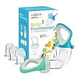 LuXIor Fruchtsauger Baby Set blau/grün | 2 Fruchtsauger für Baby + 6 Aufsätze | Schnuller zum Befüllen mit Obst, Gemüse & Baby Essen | Fruchtsauger Baby ab 3 Monate | BPA-freie Zahnungshilfe