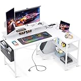 ODK L-förmiger Schreibtisch, Eckschreibtisch Weiß mit USB-Ladeanschluss&Steckdose, Gaming Tisch L Form mit Regal Reversibel, L-förmiger Computertisch mit Monitorständer für Büro