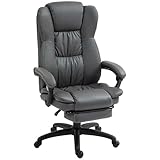 VSOGA Bürostuhl Chefsessel, Drehstuhl mit Fußstütze, Kopfstütze, ergonomisch, Vibration, Massagefunktion, Liegefunktion, Kunstleder, Dunkelgrau, 68,5x68,5x113-121 cm