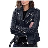 EMUKFD Damen-Lederjacken, Kunstleder, Übergröße, Moto-Biker-Mantel, kurz, leicht, vegan, Kunstleder, modisch, eng anliegend, Outwear mit Reißverschlusstaschen, Schwarz , 36