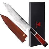 GRÄWE Damastmesser Signature, Großes Messer aus Damaststahl, Super Scharf, Damaszener Santokumesser, Damast Küchenmesser, 35 cm Lang, Kochmesser mit Geschenkbox, Dunkelbrauner Griff