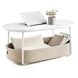 VASAGLE Couchtisch oval, Tisch mit Stauraum, Beistelltisch, Wohnzimmertisch mit Korb aus Stoff, modern, Metallrahmen, mattweiß-Kamelbraun LCT222W10