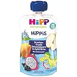 HiPP HiPPiS Quetschbeutel, Drachenfrucht-Johannisbeere in Apfel-Birne, 100% Bio-Früchte ohne Zuckerzusatz, 6 x 100 g Beutel