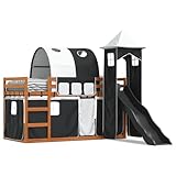 Sufrk Etagenbett mit Rutsche und Vorhängen schwarz und weiß 90 x 200 cm-Bett, Bett, Doppelbett, Multifunktion, mit Treppen und Schrank, stabiles Geländer geeignet für Kinder, Jugendliche und