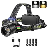 VOPHICHO Stirnlampe LED Wiederaufladbar, Superhelle 90000 Lumen Zoombar Stirnlampe mit Sensor, 3-Farben-Licht und Rotes Warnlicht, 7000mAh AKKU Kopflampe IPX7 Wasserdicht für Outdoor Camping Angeln