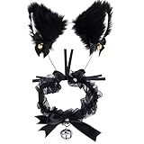 Katzenohren Haarreif, Cat Ears Stirnband Glöckchen Halskette Katze Cosplay Set Katze Ohr Stirnband Haarband Cosplay Katzenohren Haarschmuck für Frauen Mädchen Cosplay Kostümfest Schwarz