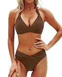 Yonique Zweiteiliger Damen-Badeanzug, Push-Up-Bikini-Set, Neckholder, Vintage-Bademode, Braun, Medium