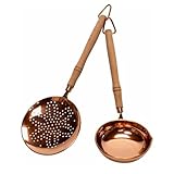 CopperGarden Schaumlöffel & Schöpfkelle mit Holzgriff I Löffel Set aus blankem Kupfer I flache Schaumkelle mit feinen Löchern I Schöpflöffel mit Gießspitze I Kellen Set mit 28 cm Länge