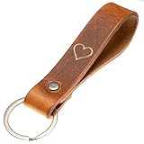 ELBERCRAFT Schlüsselanhänger Leder Herz Geschenk zum Valentinstag für Frauen oder Männer pflanzlich gegerbt braun mit gravur gold 12 cm made in Germany Leather Keychain