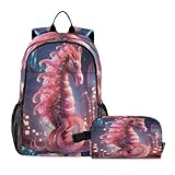 LINNIKEEEE Weltraumlicht Seepferdchen Studentenrucksack Lunchtasche Set – Leichte Schultasche für Jungen Mädchen