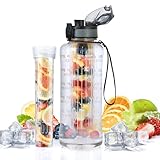 UTEBIT Trinkflasche mit Zeitmarkierung 1.5L, BPA-Frei Trinkflasche mit Fruchteinsatz Sport Wasserflaschen Früchtebehälter Wiederverwendbar Tritan Sportflasche für Fitness, Camping, Fahrrad, Yoga