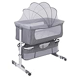 Homewell Beistellbett Baby, 2 in 1 Babybett und Babywiege, Kinderbett mit Rollen, Moskitonetz, Lagerungstasche und Matratze, Höhenverstellbar Struktur aus Aluminiumlegierung (Modell 1 Grau)