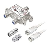 2-Fach Verteiler Adapter Kabel Antennen TV Radio F-Stecker SAT Splitter Metall TV-Verteiler inkl. Adapter + 2 x 1.5m Kabel + 1 x F Stecker auf Koax Stecker + 1 x F Buchse auf Koax Kupplung