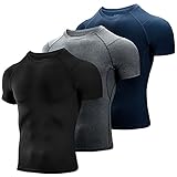 Niksa 3 Stück Kompressionsshirt Herren,Laufshirt Herren Kurzarm mit Unterarm Mesh kurzärmliges Funktionsshirt Atmungsaktiv Sportshirt Männer für Running Workout Fitness Schwarz,Grau,Marine,L