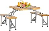 BIGTREE Klappbarer Campingtisch mit Stühlen aus Holz, Alu Camping Set Tisch Stuhl mit 4 Sitzplätze und Schirmloch, Faltbarer Picknicktisch, Tragbarer Koffertisch für Outdoor, Camping, Strand, Garten