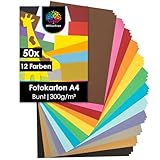 OfficeTree 50x Bastelkarton A4 300g - 12 Farben - Tonkarton A4 Bunt - Pappkarton - Pappe zum Basteln - Fotokarton 300g