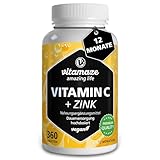 Vitamin C hochdosiert 1000 mg + Zink, 360 Tabletten für 1 Jahr, vegan & optimal bioverfügbar, Natürliche Nahrungsergänzung ohne unnötige Zusatzstoffe, Made in Germany