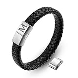 AFSTALR Lederarmband Armband Herren Leder Schwarz mit Gravur M Buchstaben Armbänder Magnetverschluss Personalisiert Herrenarmband Bracelet Schmuck Geschenke für Männer