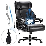 Howjoe Chefsessel Bürostuhl XXL bis 200 kg belastbar, Extra breiter Sitz – Ergonomischer Hochlehner mit Lendenwirbelstütze und Liegefunktion, Computer-Schreibtischstuhl aus Leder mit Rollen, Schwarz