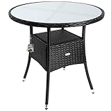 Casaria® Polyrattan Gartentisch 80cm Rund 5mm Sicherheitsglas Höhenverstellbar 80kg Belastbarkeit Wetterfest Terrasse Balkon Beistelltisch Tisch Schwarz