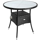 Casaria® Polyrattan Gartentisch 80cm Rund 5mm Sicherheitsglas Höhenverstellbar 80kg Belastbarkeit Wetterfest Terrasse Balkon Beistelltisch Tisch Schwarz