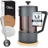 Milu French Press Kaffeebereiter | 350ml, 600ml, 1L | Glas Kaffeepresse, Kaffeezubereiter für Zuhause Reisen Camping inkl. Untersetzer, Löffel, Ersatzfilter (Schwarz, 600ml (3 Tassen)