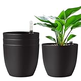 T4U 18cm Selbstwässernder Blumentopf mit Wasseranzeiger Schwarz 4er-Set, Selbstbewässerung Wasserspeicher Pflanzgefäß Übertopf für Innen- und Außenbereich