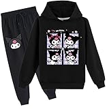 Kuromi Langarm-Sweatshirt und Sweathose für Kinder, Mädchen, grafisches Trainingsanzug-Set, weicher Pullover mit Kapuze, Schwarz , 8-10 Years