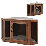GYMAX Eck-Hundebox mit Kissen Hundehütte 114 x 60 x 68 cm Haustierbox mit Abschließbarer Tür Hundekäfig Haustierkäfig Tierkäfig für den Innenbereich Hundehaus Haustierhaus Braun