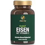 VITACTIV Eisen & Vitamin C - das erste rein pflanzliche Eisenpräparat mit viel Vitamin C - hochdosiert - Eisenbisglycinat – Vitamin C aus Hagebutte 180 vegane Kapseln