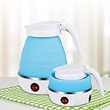 Faltbarer Elektrischer Wasserkocher Reise Faltbarer Wasserkessel Mini Silikon Reisewasserkocher Klein, 0.6L Electric Kettle, Edelstahlboden Wasserkessel Für Küche Reise Camping Outdoor (Blue)