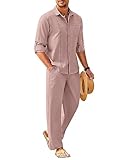 COOFANDY Herren 2-teiliges Leinen-Set, lässig, langärmelig, Button-Down-kubanisches Hemd und lockere Hose, Strandurlaub-Outfits, Pink, XXX-Large