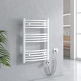 EMKE Badheizkörper Elektrisch mit Thermostat 750 x 500 mm, Gebogen Handtuchheizkörper Elektrisch Handtuchwärmer Handtuchtrockner Elektrischer Handtuchhalter mit Heizstab Weiß 300W