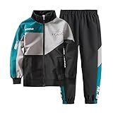 linboo Kinder Jungen Trainingsanzug Farbblock Jogginganzug Freizeitanzug Sport Bekleidungsset 2tlg Sweat-Jacke + Jogginghose Polyester, Grün, 140-146