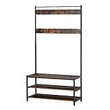 HOMCOM Garderobe mit Schuhablage Garderobenständer mit 12 Haken Bank mit 3 Ablagen Industrieller Stil Metallstruktur 100x40x184 cm Rustikal Braun und Schwarz