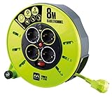 Masterplug Pro-XT Kabeltrommel Verlängerungskabel mit 4 Steckdosen, Wickelkurbel, Thermoschutz und Netzschalter, 8 Meter gut sichtbares Kabel